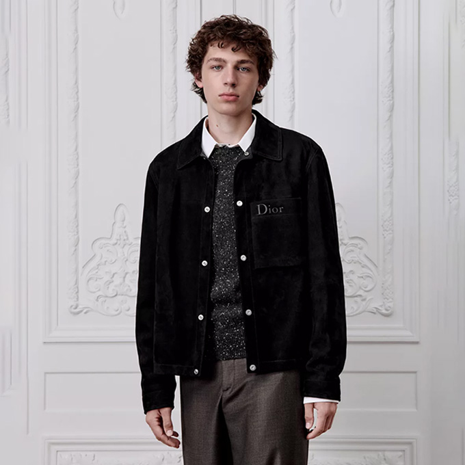 dior logo print wide collar single breasted suede lambskin jacket